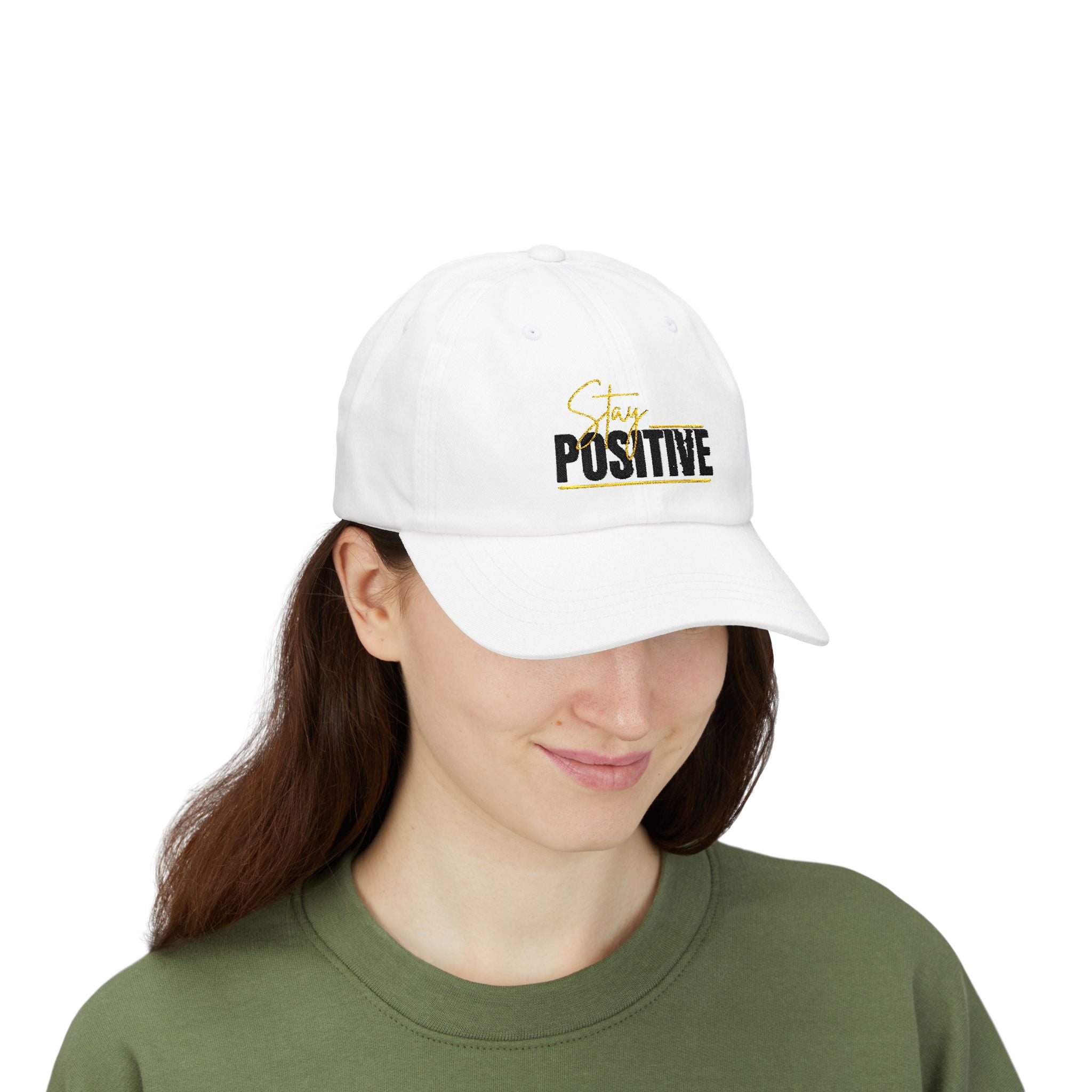 Stay Positive Dad Cap, Motivational Hat, White Adjustable Cap, Gift for Dads, Summer Accessory, Casual Fashion Piece