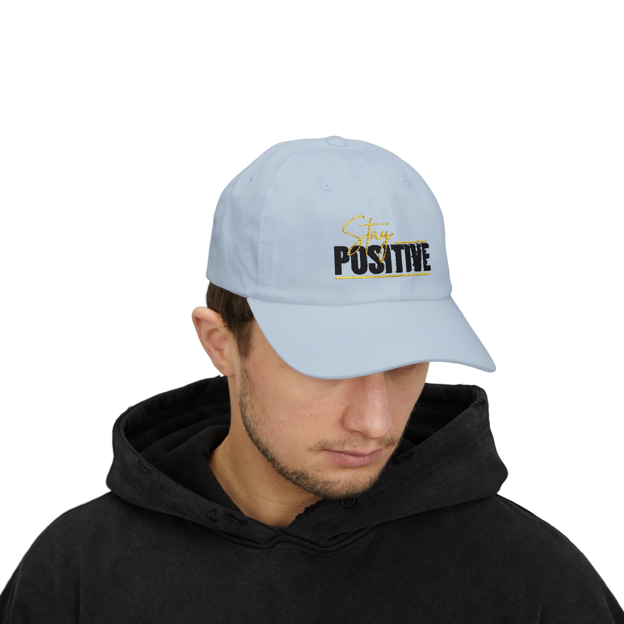 Stay Positive Dad Cap, Motivational Hat, White Adjustable Cap, Gift for Dads, Summer Accessory, Casual Fashion Piece