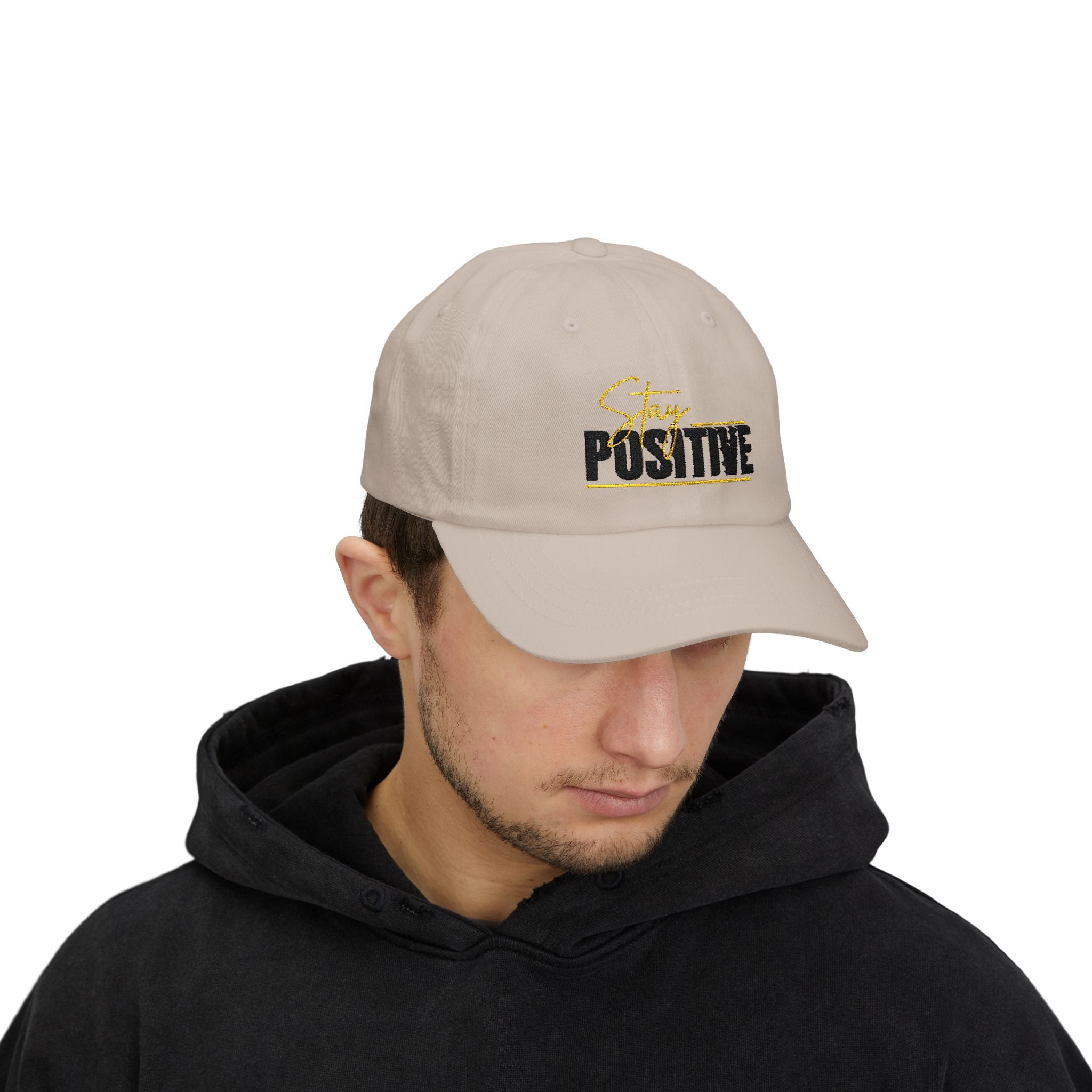 Stay Positive Dad Cap, Motivational Hat, White Adjustable Cap, Gift for Dads, Summer Accessory, Casual Fashion Piece