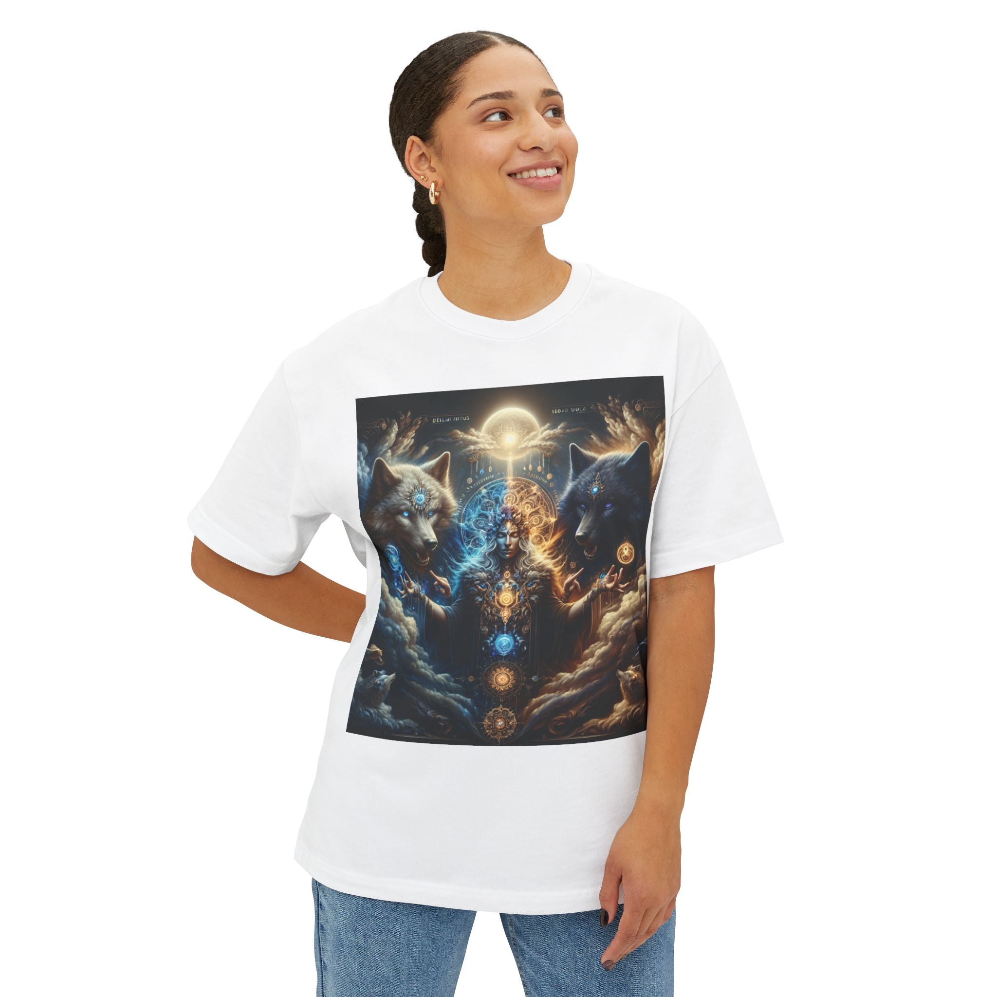 Cosmic Wolves Oversized Tee | Unisex Graphic T-Shirt, Astrology Shirt, Gift for Animal Lovers, Celestial Apparel, Streetwear Fashion