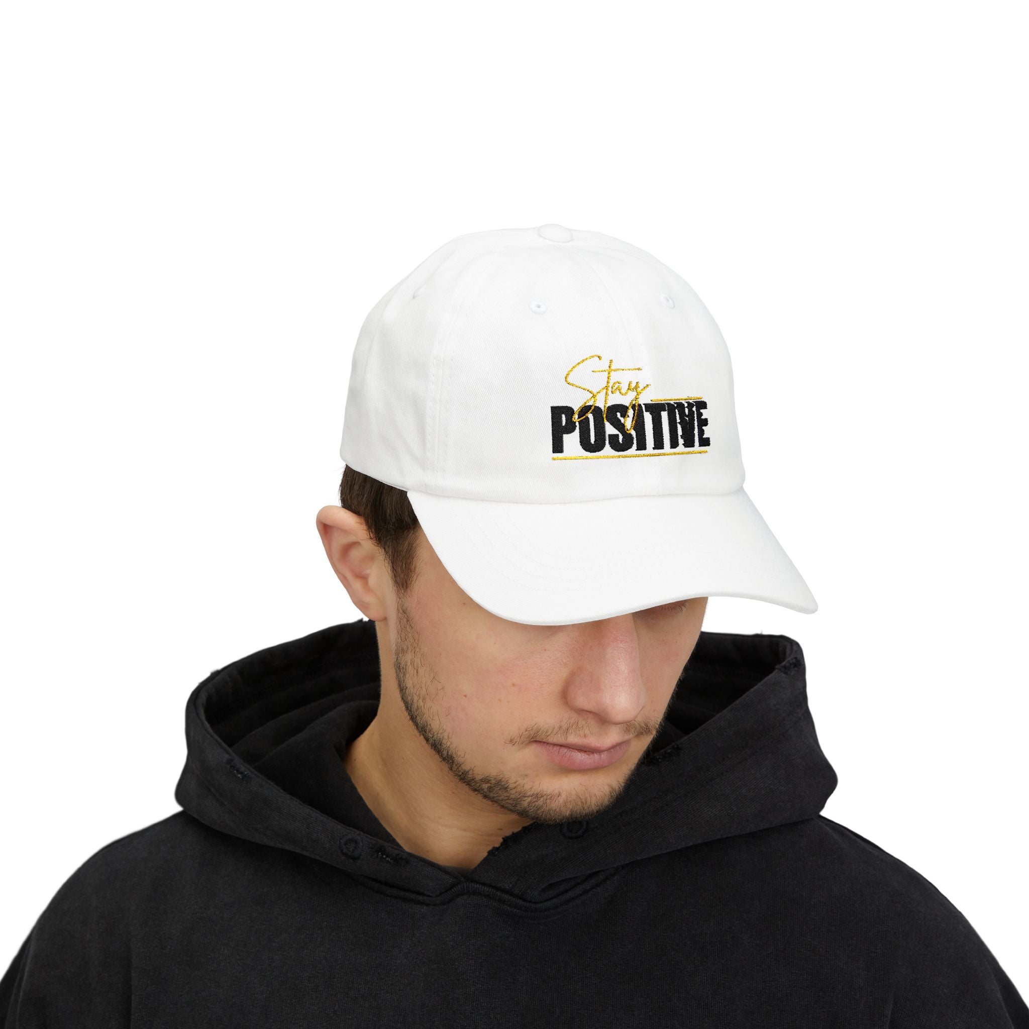 Stay Positive Dad Cap, Motivational Hat, White Adjustable Cap, Gift for Dads, Summer Accessory, Casual Fashion Piece